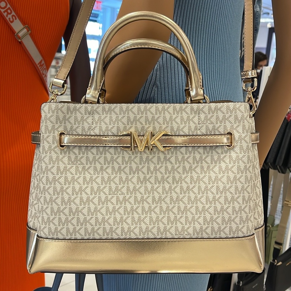 MICHAEL KORS 
Reed Large CZ Graphic Logo Belted Satchel
Vanilla /Pale Gold 
NWT